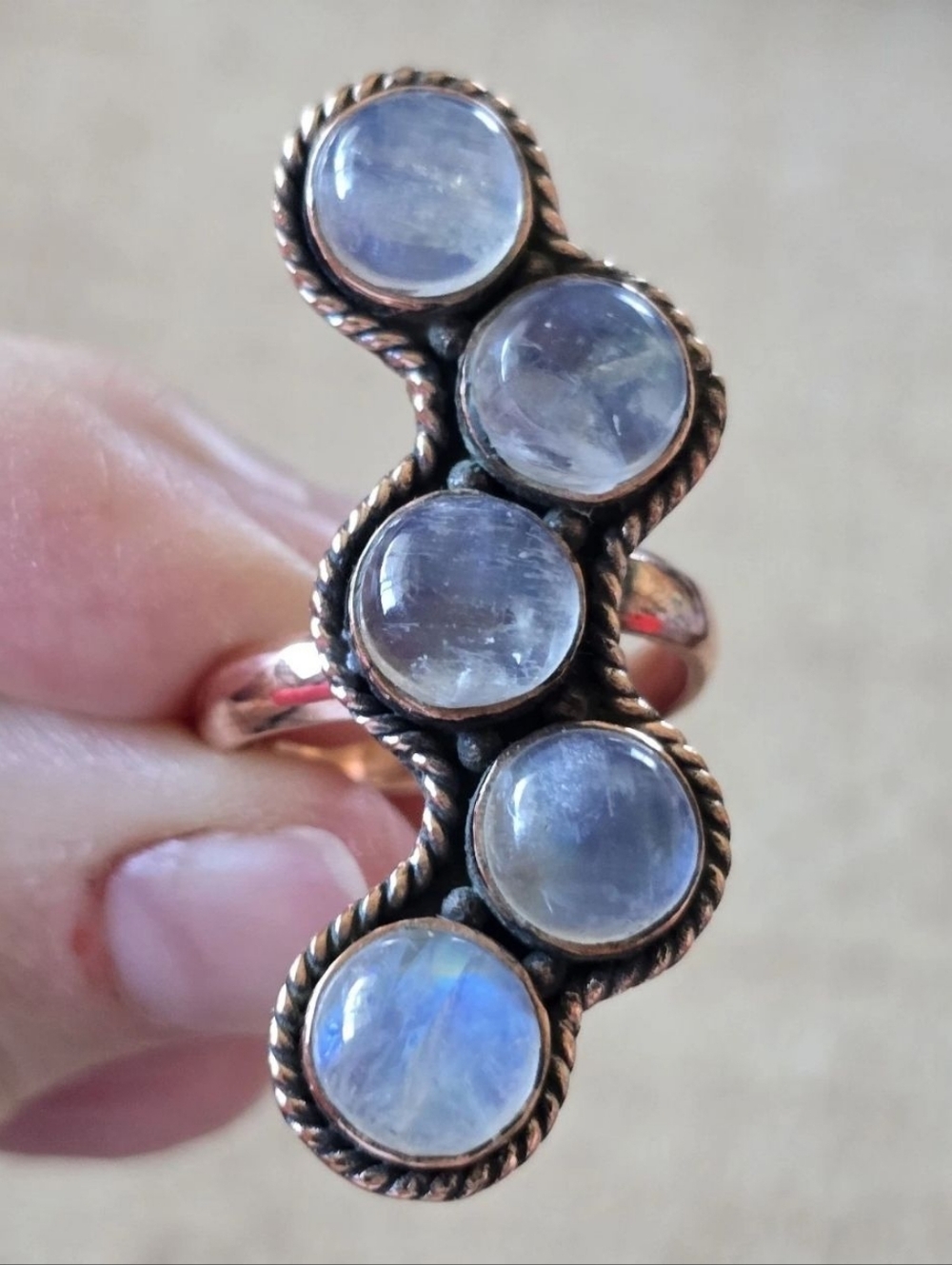 Copper Moonstone Crawler Ring, Southwestern